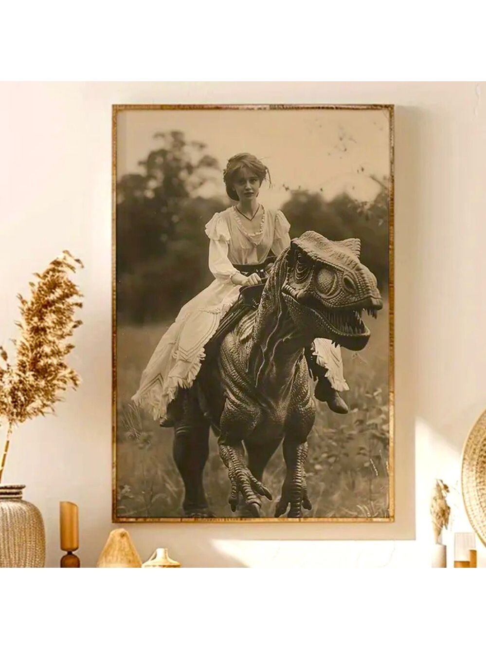 "Jurassic Jane" - Quirky Canvas Print Wall Art Dinosaur Victoria. Rider